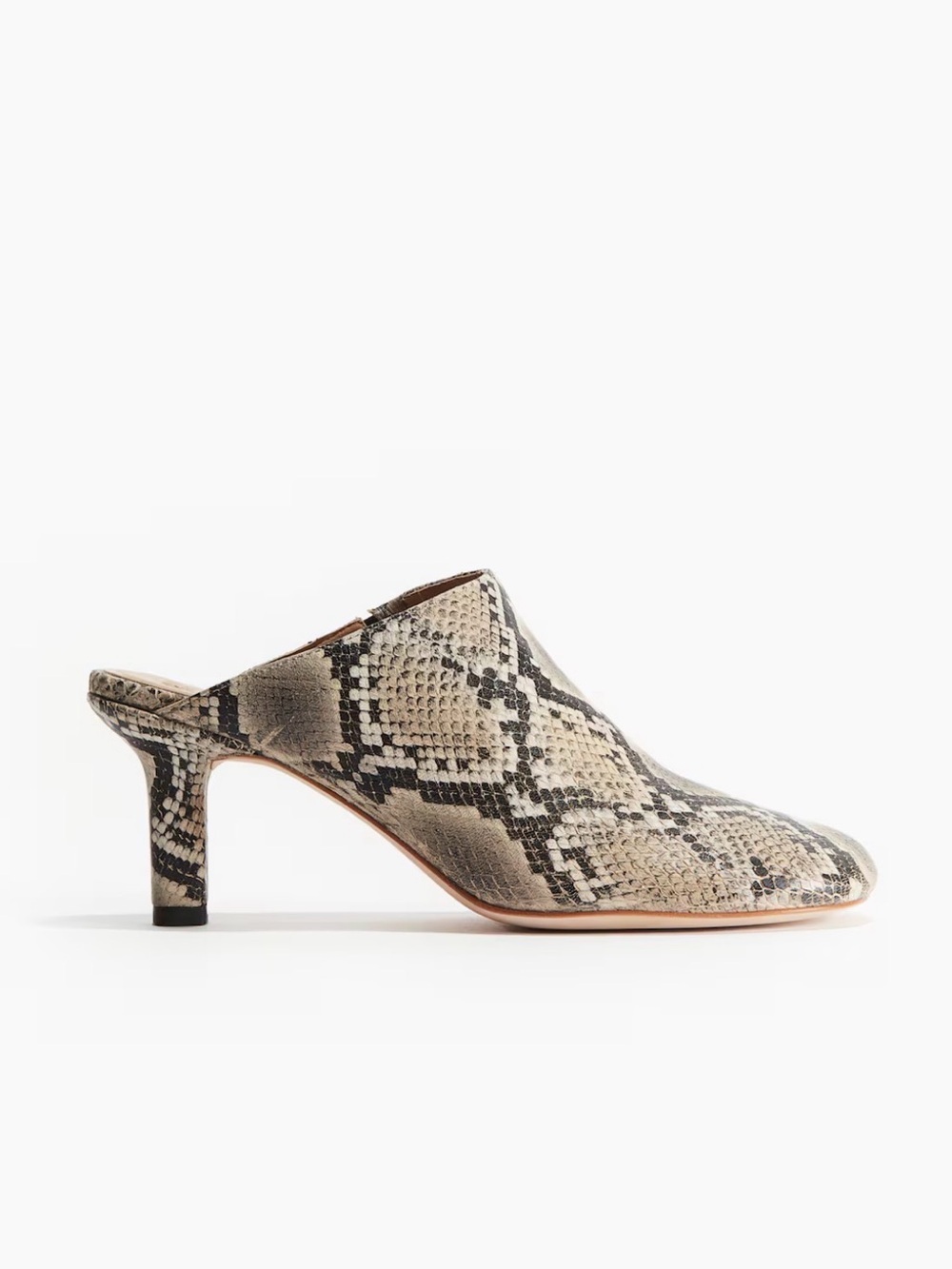 New H&M Studio Leather Heeled Mules Shoes Size EU 36 US 5 Snake Print Round Toe